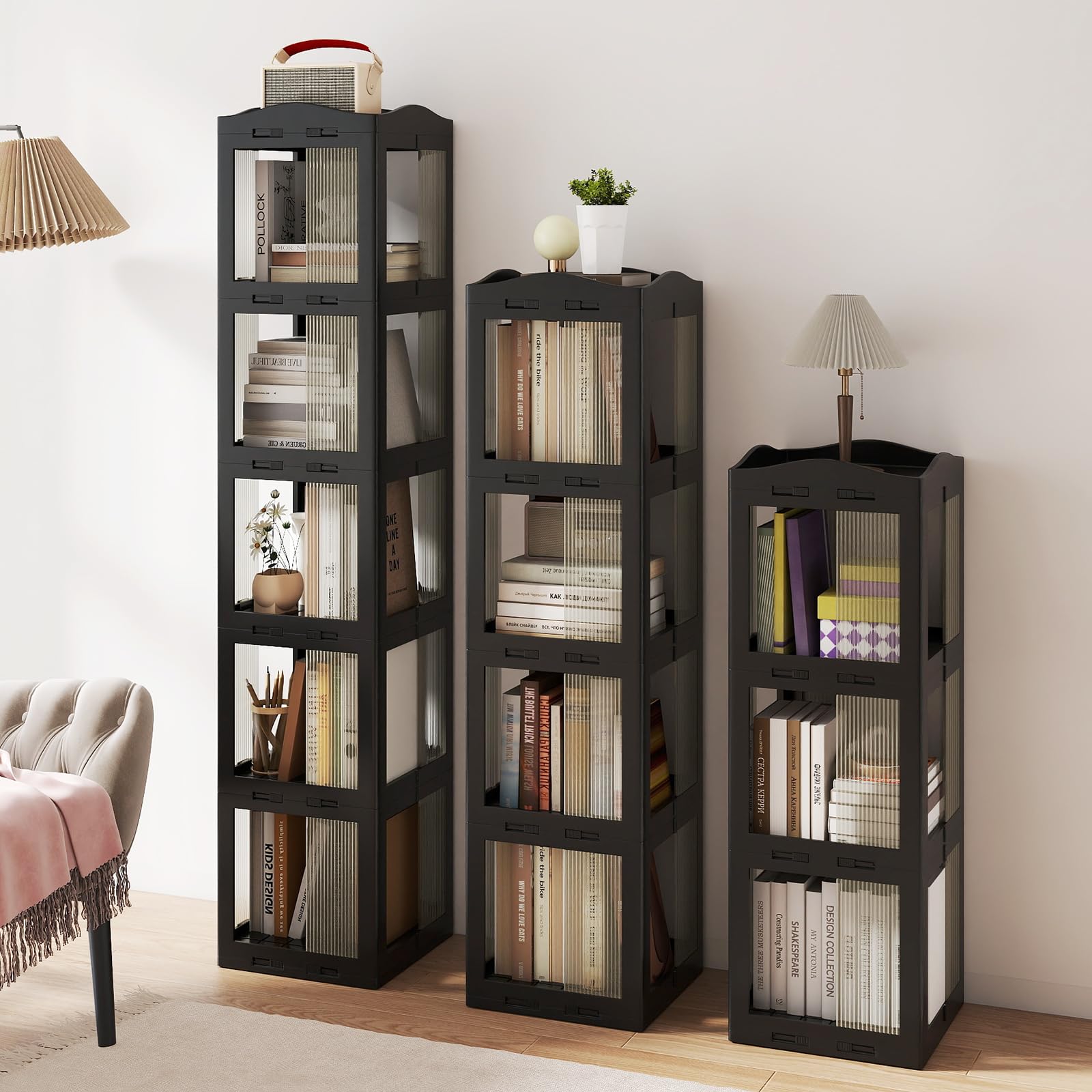 RELAX4LIFE Libreria Girevole a 360°, Scaffale a 3/4/5 Livelli con Pannelli Trasparenti e Base Girevole, Mobile Contenitore per Camera da Letto, Soggiorno e Ufficio in Casa (Nero,3 Livelli)