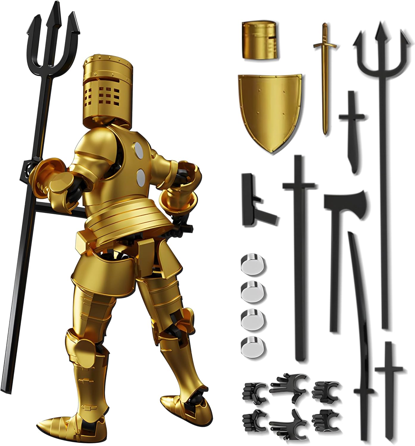 (Pre-Assembled) Dummy 13 Robot Action Figure in Armor, T13 Fifth Generation Medieval Knight with Weapons and Shields, Full Body Activity Robot, Magnetic Figures Desk Toys (Gold+Silver+Black+White)