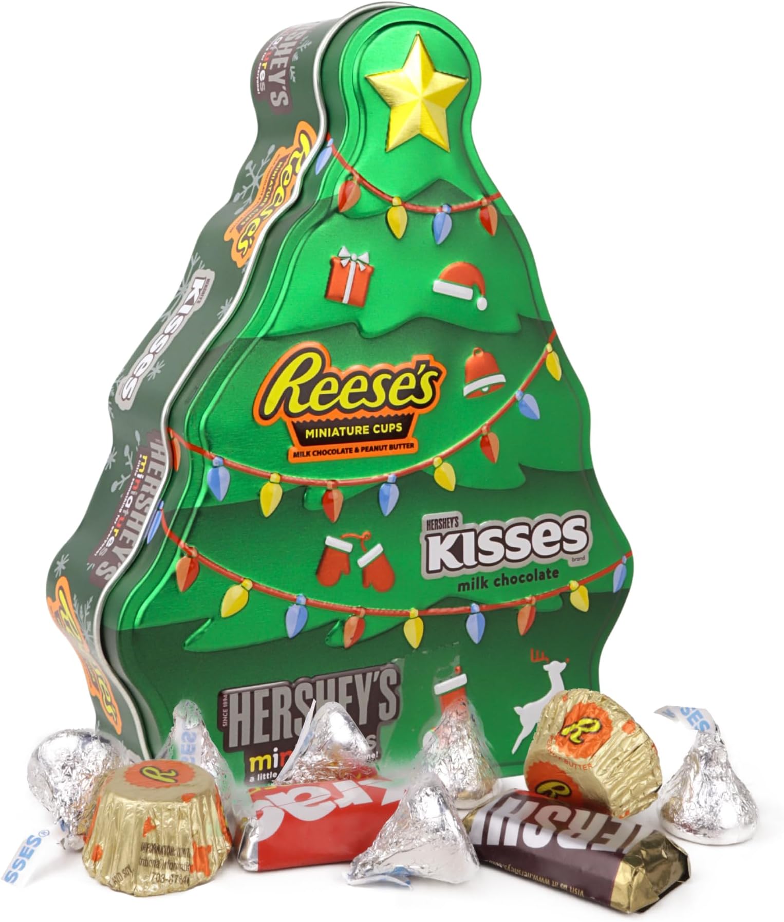 Galerie Christmas Stocking Stuffer Candy Gift, Tree Tin Filled with Assorted Chocolates, Reese's, Kisses, and Miniatures, 1.86 Ounces