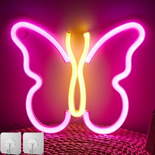 Rosnek Luces de neón de mariposa para dormitorio letreros de neón LED que funcionan con USB o pilas con 2 ganchos letrero luminoso novedoso para