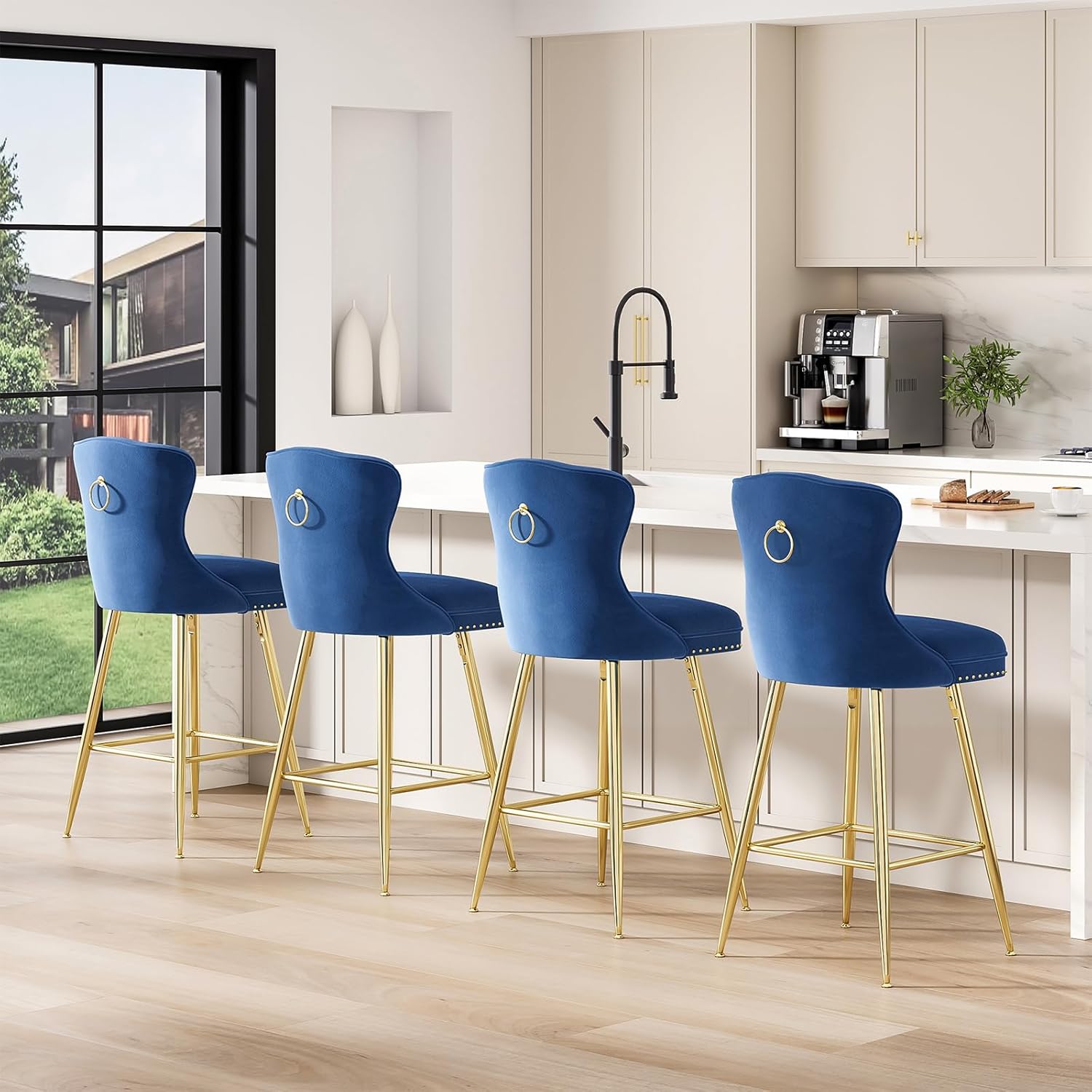 Farini Bar Stools Set of 4, Velvet Counter Height Bar Stools with Metal Legs, Button Tufted and Nailheads Trim, Wing-Back Bar Chairs for Kitchen Island Dining Room Pub, Blue