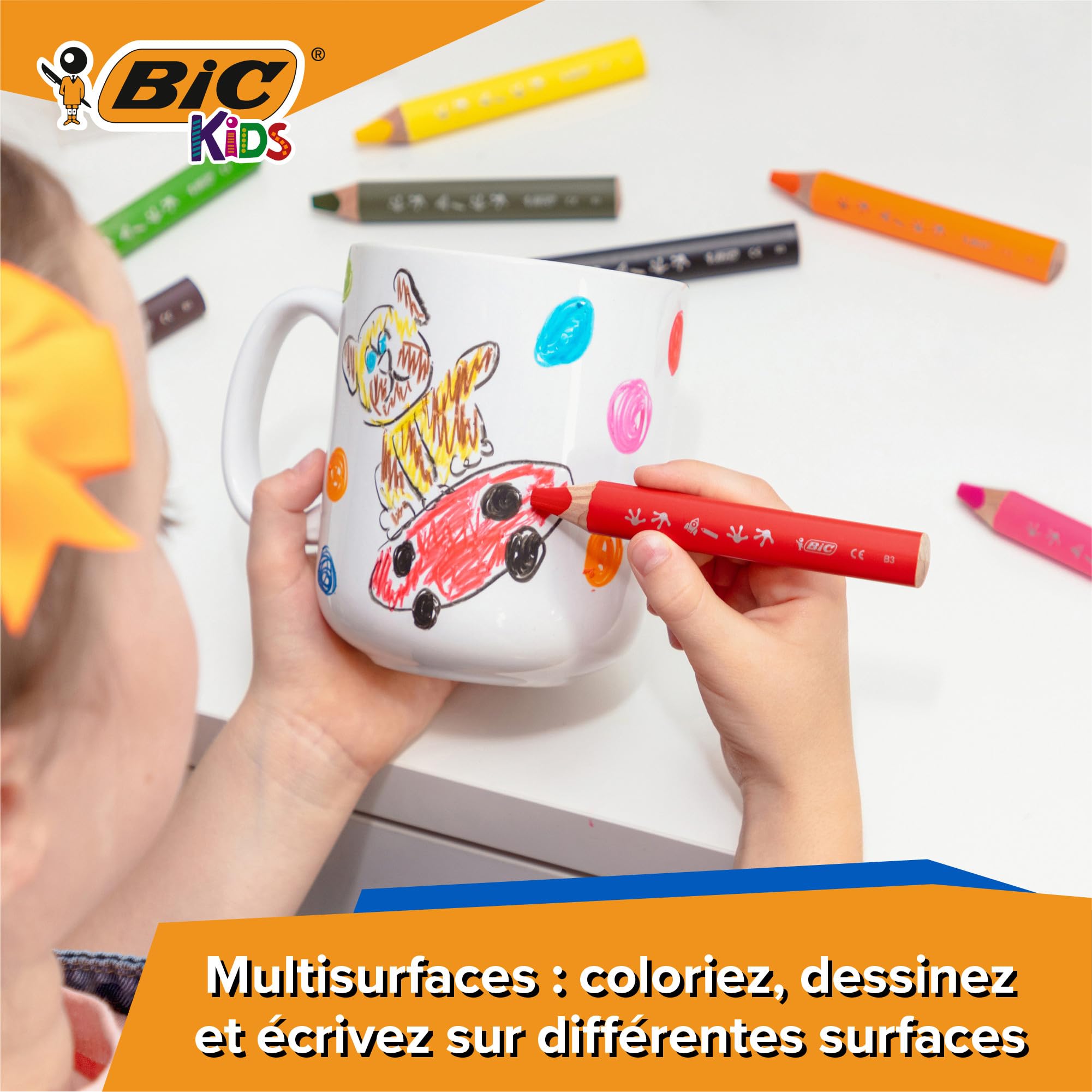BIC Crayons de Couleur Multi-Surfaces & Usages (Ardoise, Tableau, Verre, Plastique, Bois.) - Etui carton de 10 Crayons Larges pour Enfants, Mine XXL, Couleurs Assorties, Taille-Crayon Inclus