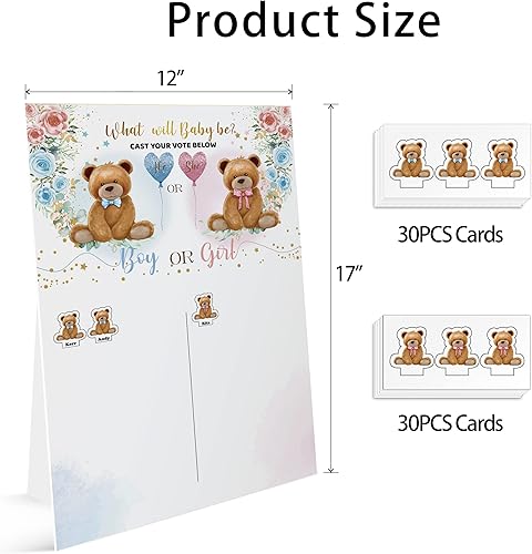 Miniatura 2 de Bear Reveal Games Tablero de votación con soporte, 60 calcomanías de oso para niños y niñas para invitados a fiestas, él o ella, juego de