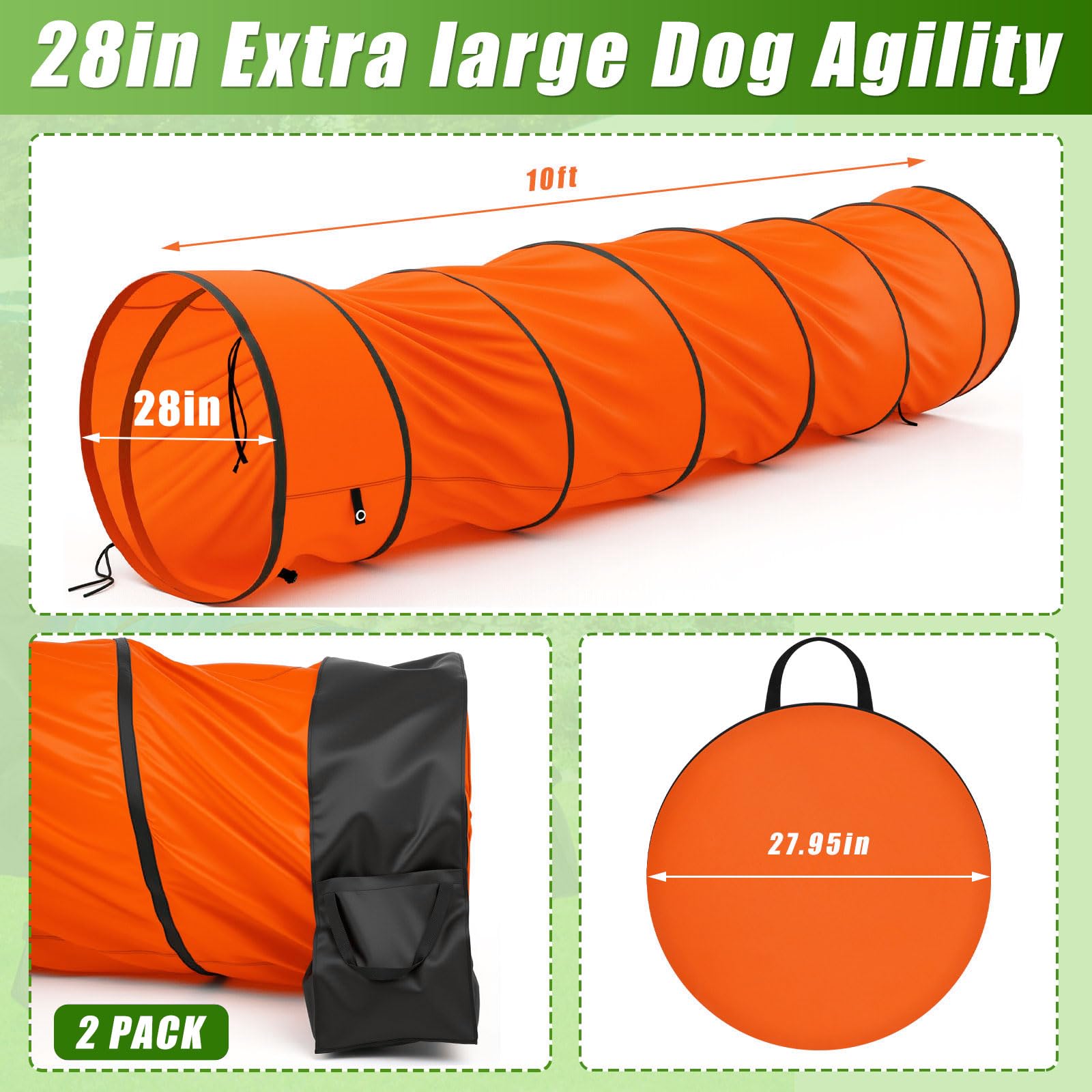 28 in 10 Foot Orange Extra Large Dog Agility Tunnel with Sandbags Dogs Agility Training Equipment Tunnel with 3 Pack Sandbags Carry Bag and 4 Ground Spikes for All Medium and Large Dogs - image 2