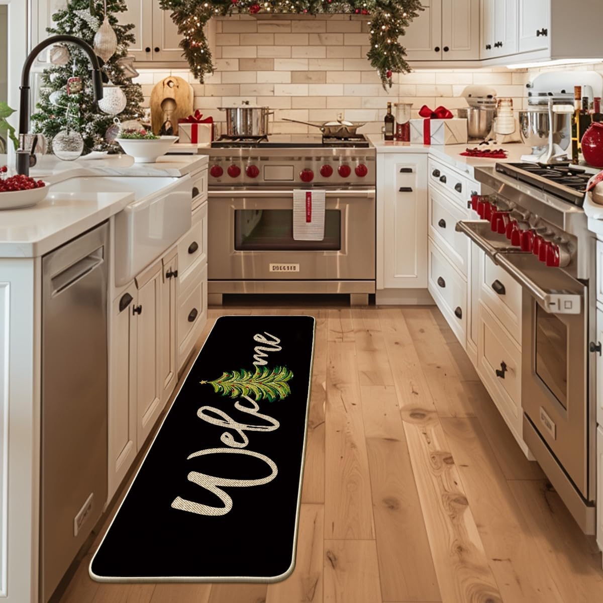 Artoid Mode Black Xmas Tree Christmas Welcome Doormat, Winter Home Decor Low-Profile Runner Rug Door Mat Floor Mat for Indoor Outdoor 24x72 Inch