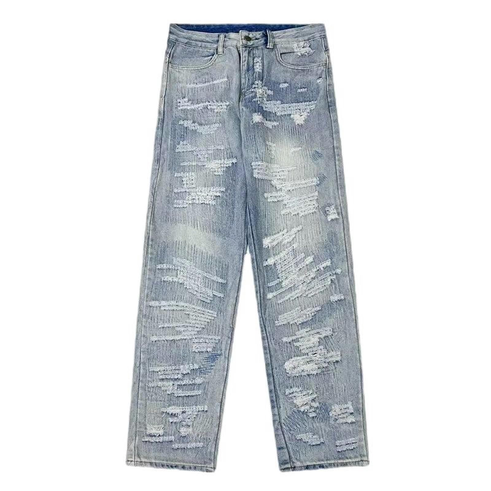 Jeans da Uomo Larghi con Toppa alla Moda in Jacquard elettronico, Stile Distrutto e Lavato - Blu - S