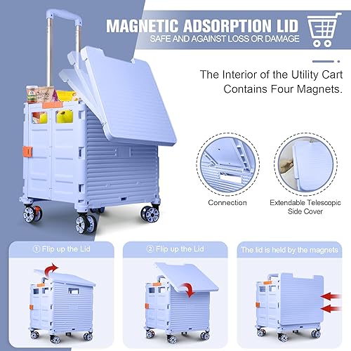 Miniatura 2 de FELICON SELORSS - Carrito plegable portátil con tapa deslizante magnética, mango telescópico, caja de plástico, ruedas giratorias de 360 para