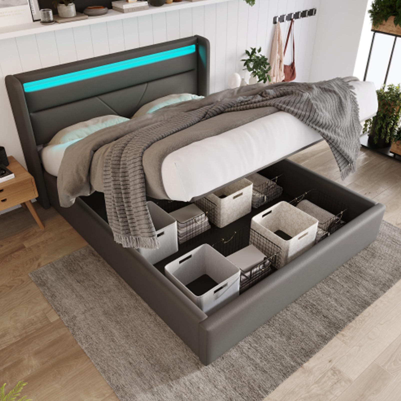 Letto Imbottito Idraulico Con Striscia Luminosa A LED Letto Matrimoniale King Size Con Rete A Doghe Letto Per Ragazzi Per Adulti Ragazzi Letto Contenitore Box Letti Per Gli Ospiti Grigio 160x200 Cm