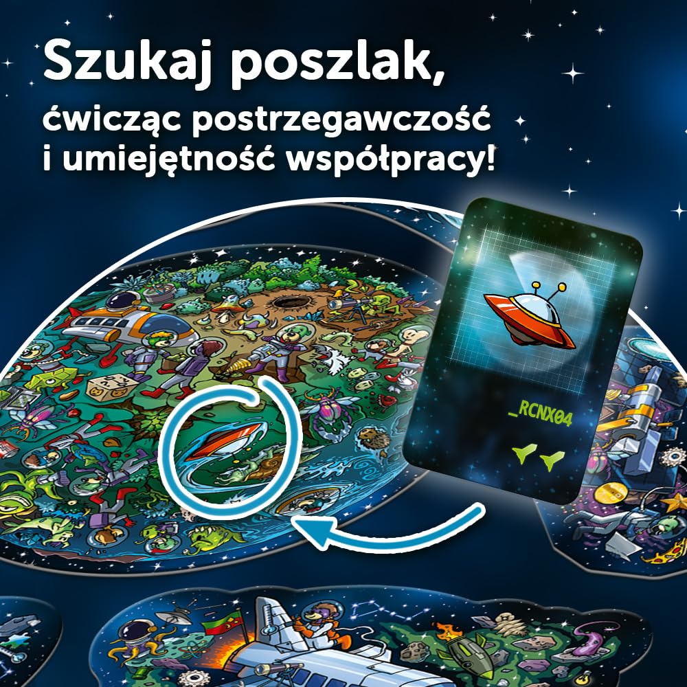 Trefl - Spy Guy Kosmos - Kooperacyjna Gra Obserwacyjna, Elektroniczny Timer, 17 Kształtowych Plansz, Rodzinna Gra Planszowa Dorosłych i Dzieci od 6 lat