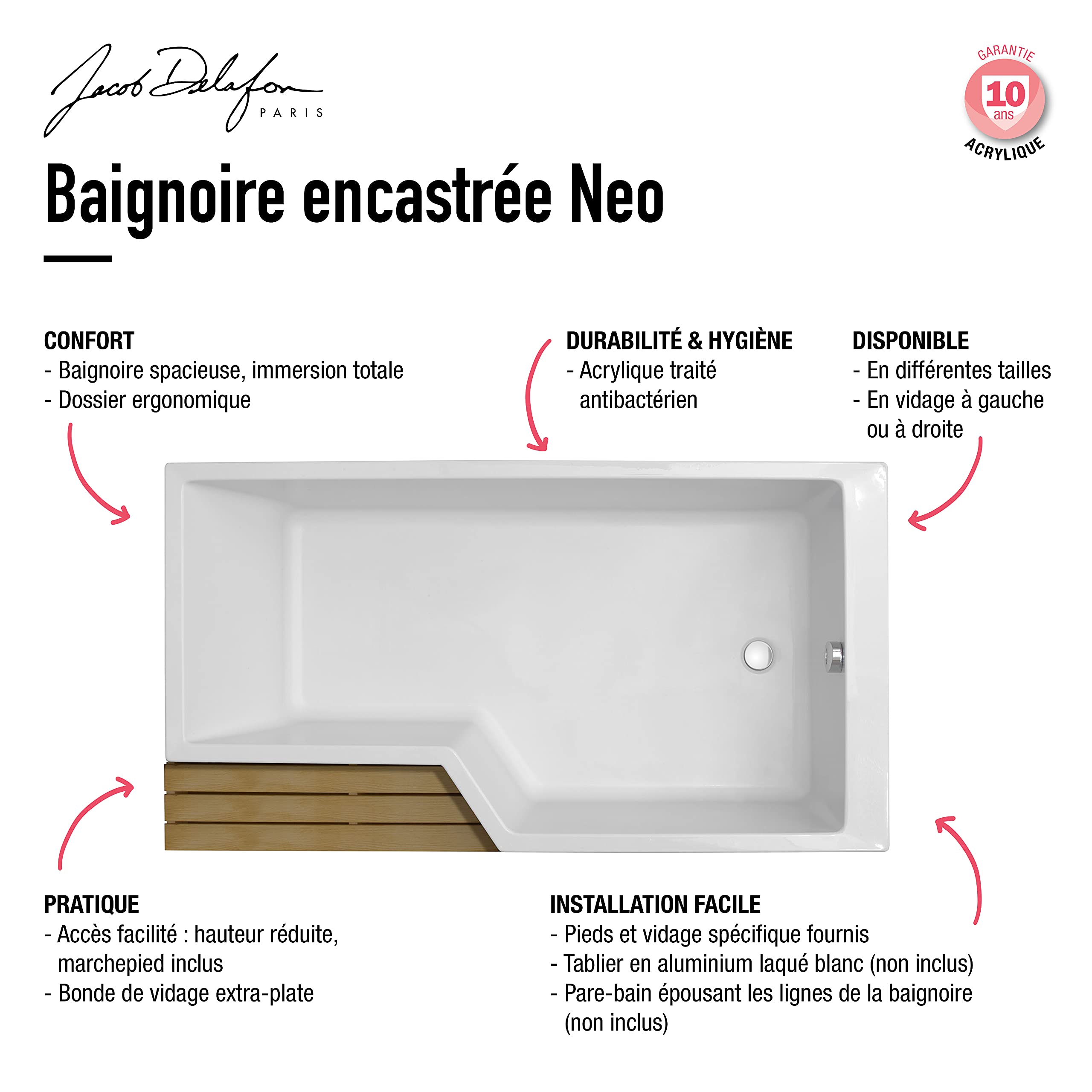 Bain-douche NÉO 170X90 cm en acrylique, version vidage à droite (pieds + vidage + marche-pied fournis)