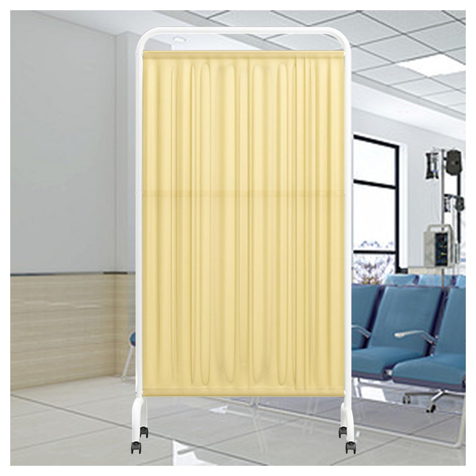 Paravent médical 3 panneaux jaune sur roulettes de frein pour séparer un espace