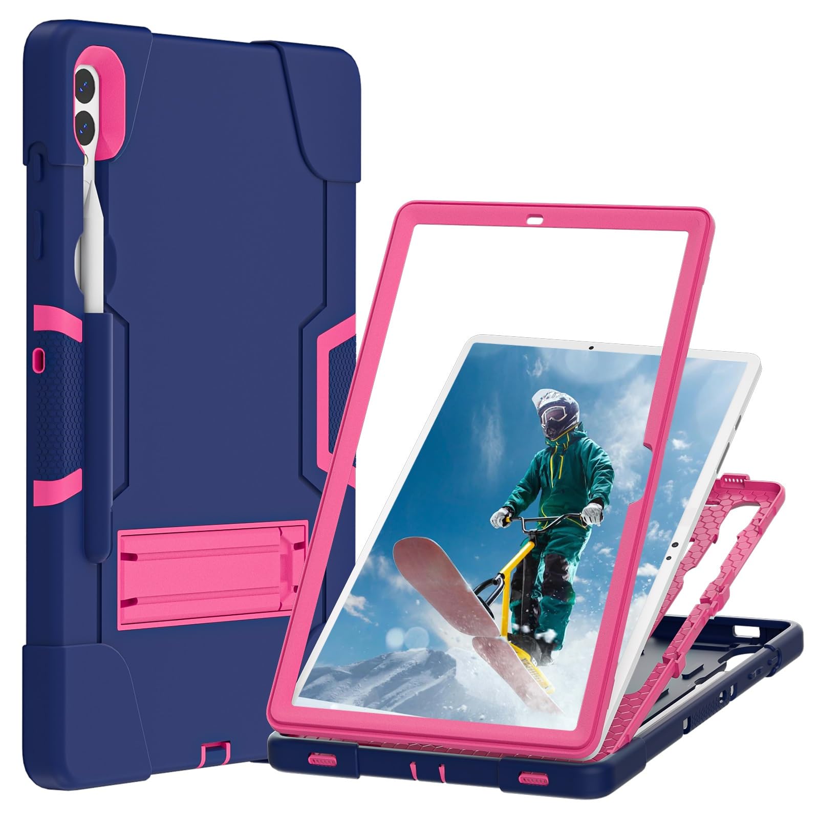 Etui do Samsung Galaxy Tab S9 Plus/Tab FE Plus SM-X810/X818U 31.5 cm (2023), silikonowe etui na tablet z podpórką, wytrzymałe, odporne na wstrząsy, wytrzymałe etui ochronne (granatowe + różowe