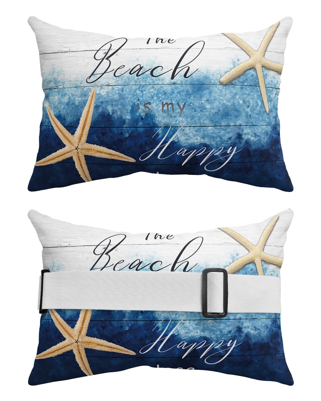 Pack of 2 Outdoor Pillow Covers Chaise Lounge Lumbar Pillow, Starfish The Beach is My Happy Place Blue Waterproof Throw Pillow Covers with Elastic Strap Soft Cushion Cases for Patio Garden,11