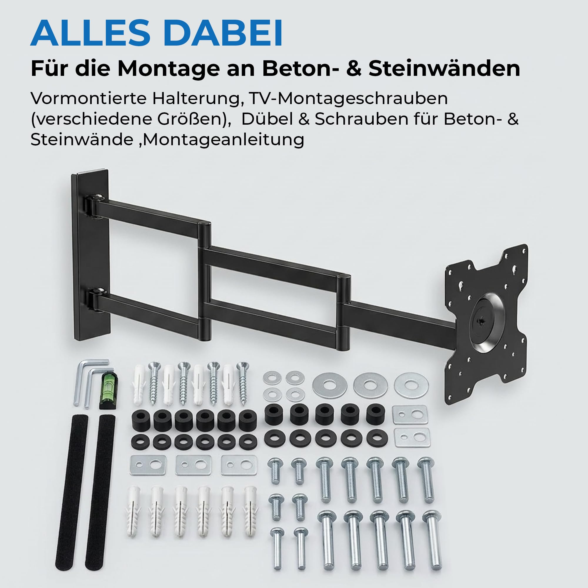 DQ Rotate XL 108,5 cm TV Wandhalterung mit extra langem Schwenkarm 50 Zoll Biz 75 Zoll – dreh-, neig- & rotierbar bis 108,5 cm Auszug, 25 kg Traglast, VESA bis 200x200 mm, Wandhalterung TV