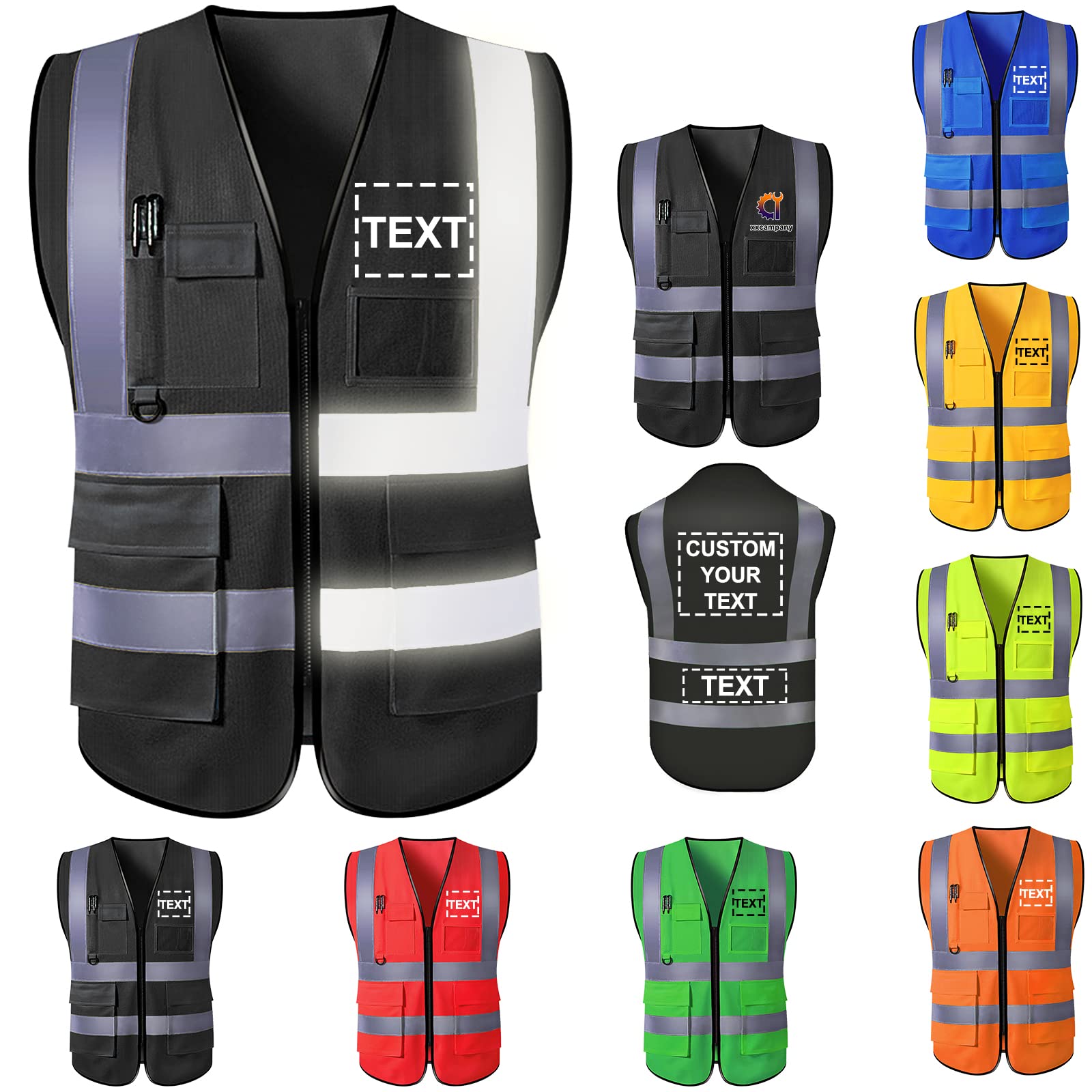 YAEILOV Custom Safety Vest for Men High Visibility Protective Workwear 5 Pockets With Reflective Strip Personalized Your Text/Logo/Image Safety Accessories for Outdoor Works(Black,XL)