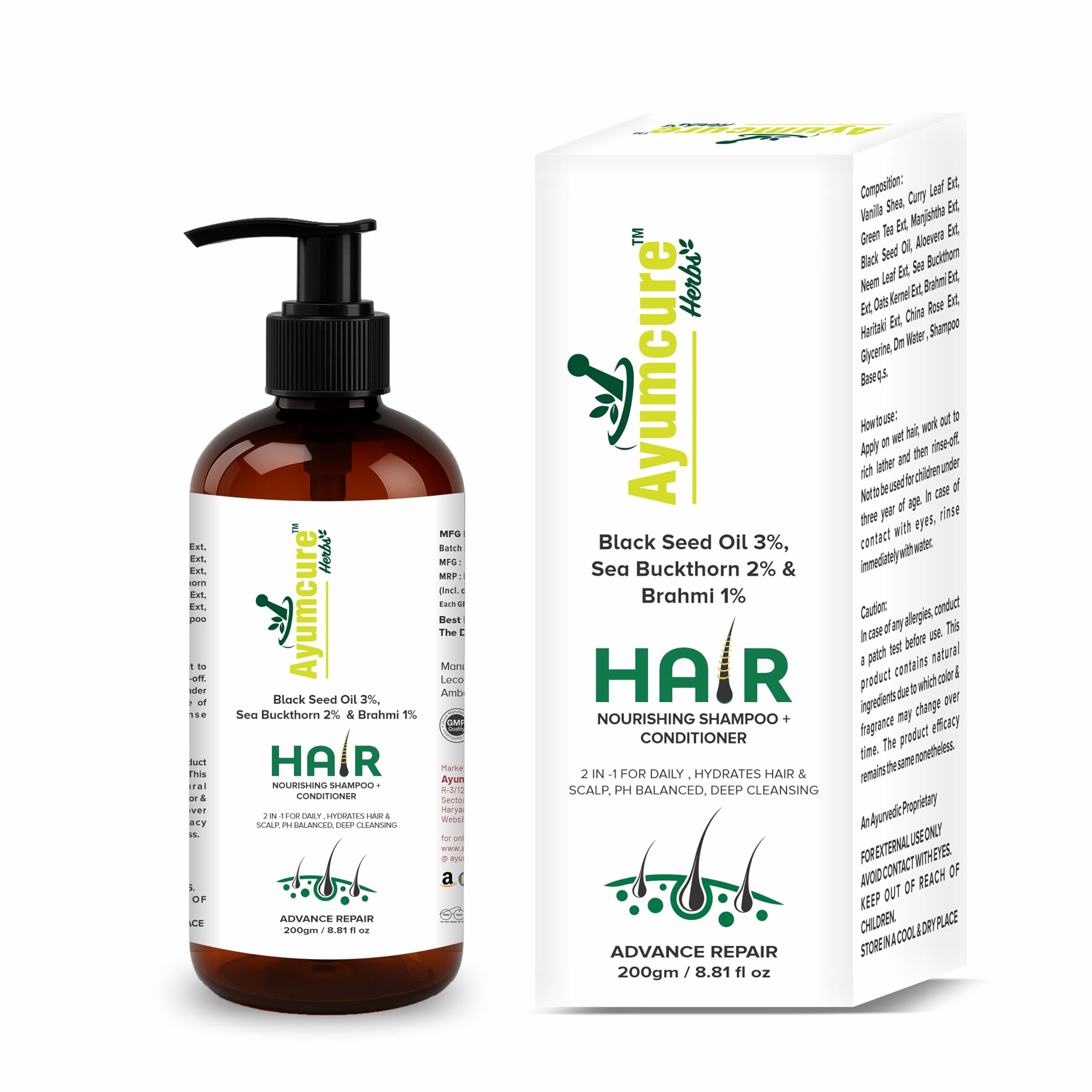 Ayumcure Hair Nourishing Shampoo + Conditioner | 200g | 3% Black Seed Oil + 2% Sea Buckthorn + 1% Brahmi | 2-in-1 Cleanse & Condition | Hair Fall Control | Hair Growth | PH-Balanced & Sulfate-Free-image-45