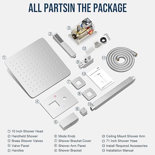 Miniatura 37 de Juego de grifo de ducha cuadrado para baño, cabezal de ducha de lluvia y mango, accesorios de ducha montados en la pared con válvula de ducha y kit