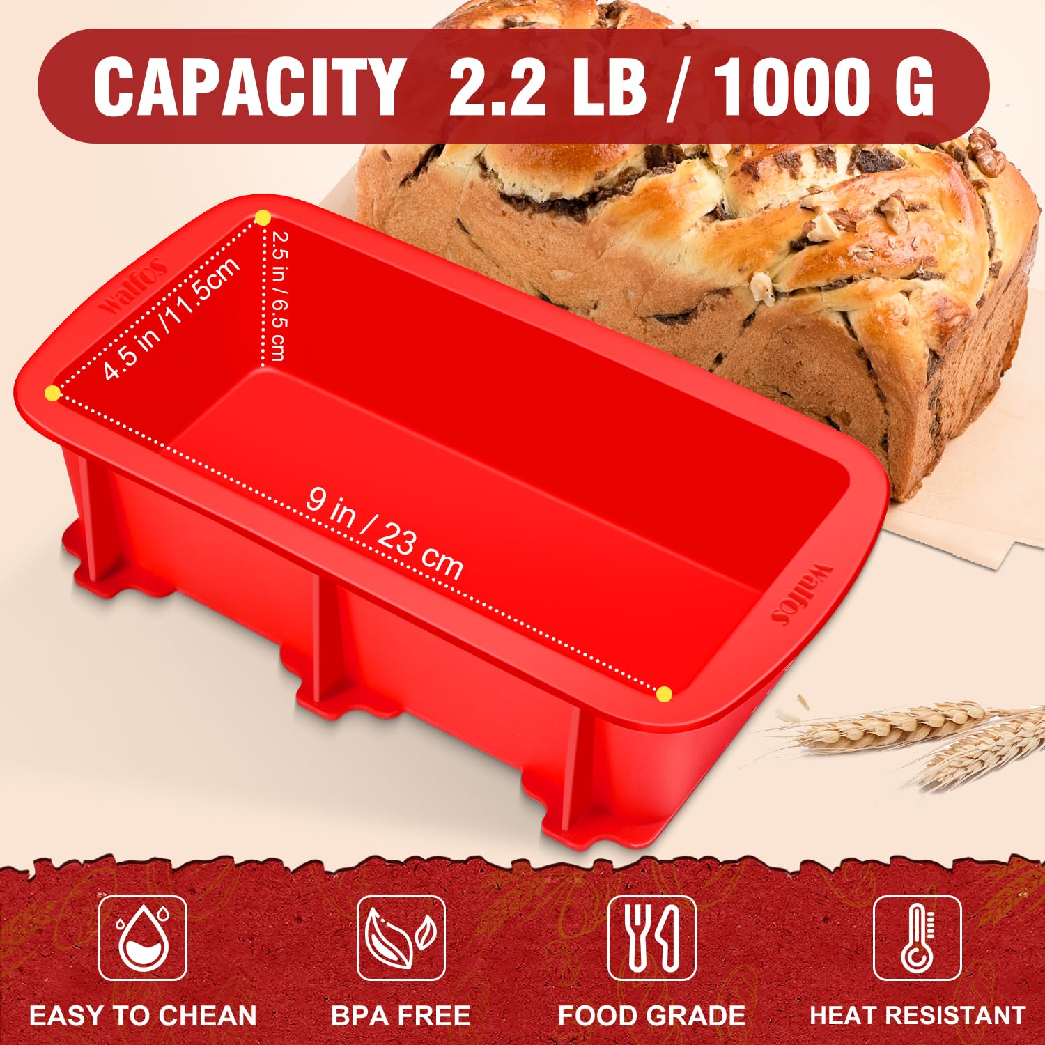 Walfos Silikon-Brot-Kastenform, 22,9 x 12,7 cm, Antihaft-Silikon-Kastenform zum Backen, 2er-Set, perfekt für Brot, Kuchen, Hackbraten, spülmaschinenfest