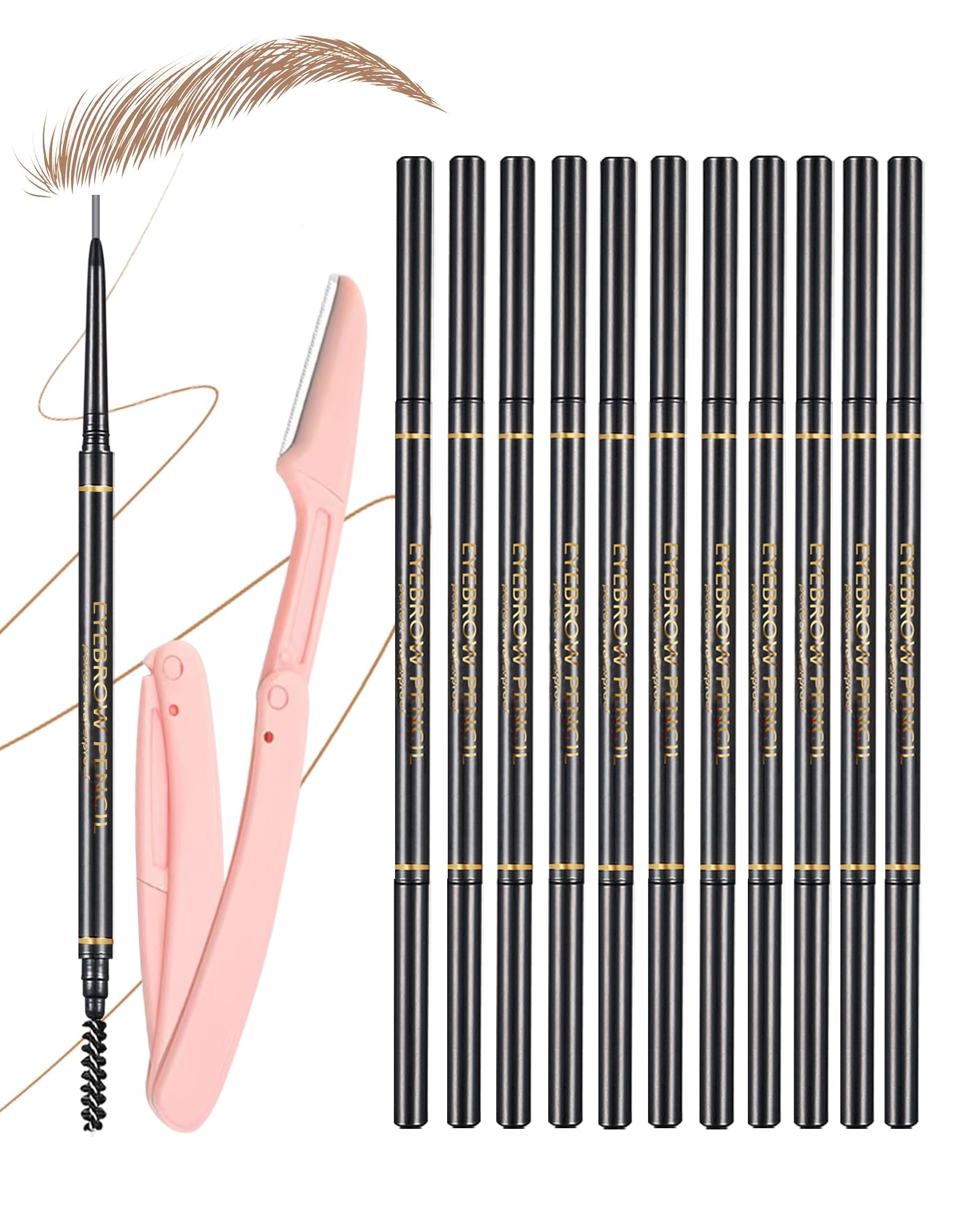 SUMEITANG Light Brown Eyebrow Pencils for Women, 12Pcs Ultra Slim Eyebrow Pencil with 2 Brow Razors Kit, Double Head 1.5mm Micro-Fine Tip & Spiral