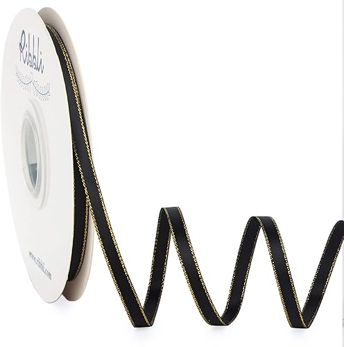 Ribbli Cinta de satén negro con borde dorado, satén de doble cara de 14 pulgadas x 50 yardas, uso de cinta negra para manualidades, envoltura de