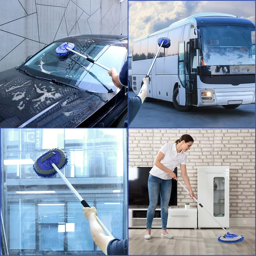 URAQT Brosse Lavage Voiture Télescopique, 160cm Nettoyage à Manche Long Vadrouille, 3en1 Microfibre Balai Pinceau, avec 2 têtes de Vadrouille et Un Chiffon en Microfibre, pour Véhicule Voiture Camion