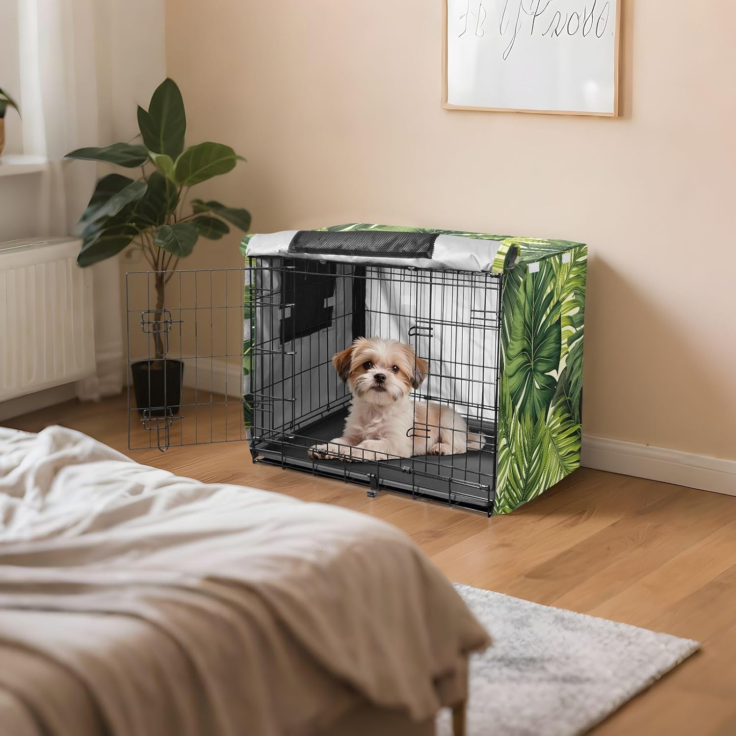 Palm Leaves Palm Tree Green Pet Cage Cover with Mesh Windows, Washable Dog Cage Covers, X-Large