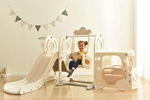 Juego de columpio y tobogán para niños pequeños con aro de baloncesto para interiores y exteriores, con estructura de juego de autobús para bebés,