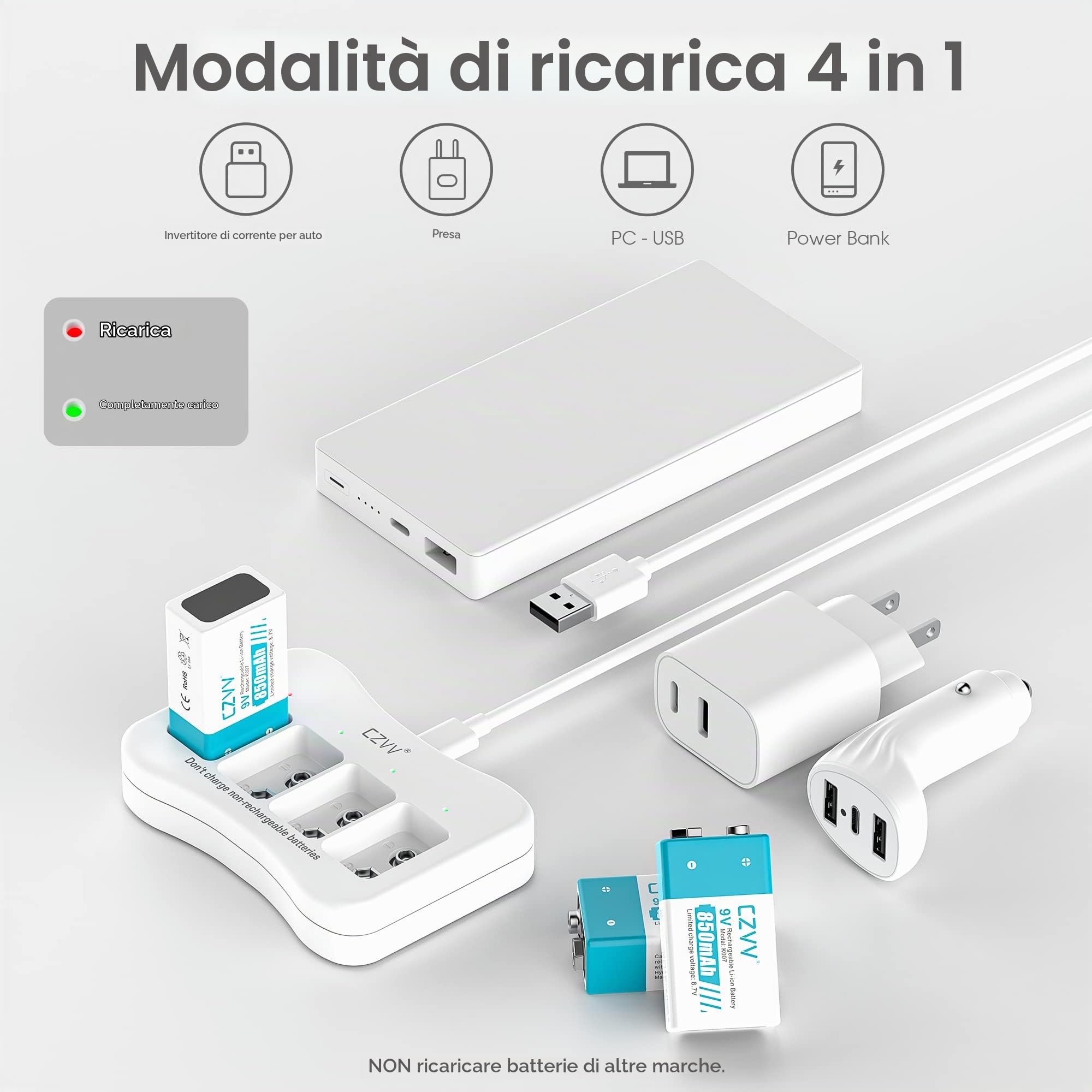 Batteria 9V Ricaricabile Litio 9V - Alta Capacità 850mAh 4 Pile Ricaricabili con Caricabatterie Rapido 2H - Durata Ultra Lunga 10 Anni 8,7V - 1300 Cicli, Uscita Costante, Rilevatori di Fumo