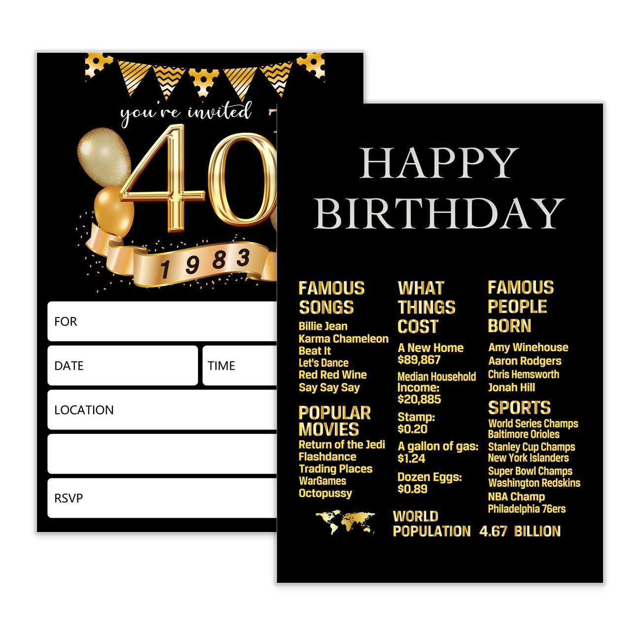 wuguimeii Black Gold Design Birthday Invitations with Envelopes for 40th Birthday Party,Funny 40 Year Old Birthday Gift for Friend Family,Double-Sided,20 Counts