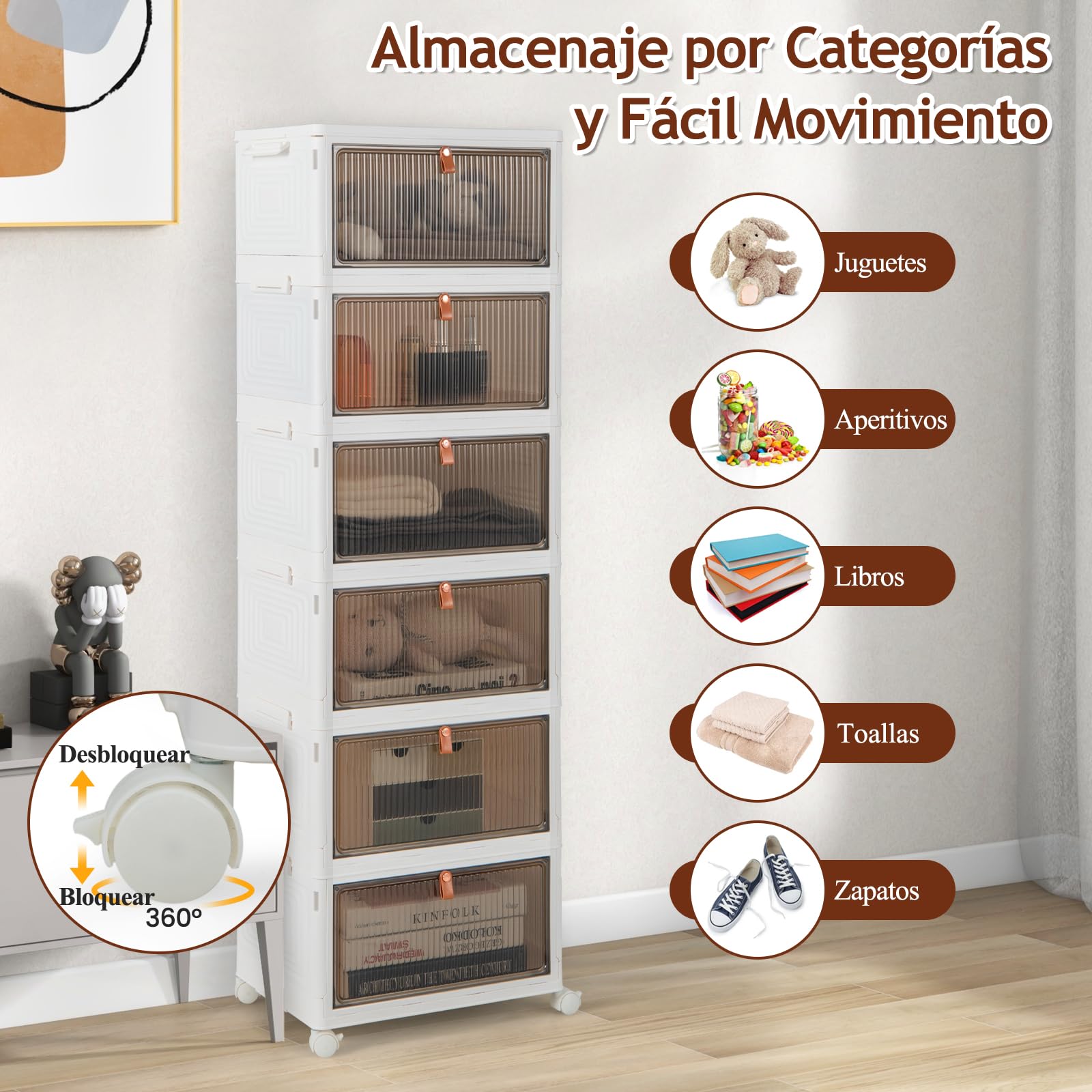 GOPLUS Caja de Zapatos Plegable, Organizador Zapatos Transparente Apilable con Tapa, Puerta Magnética y Ruedas, Zapatero Plástico Modular, para Entrada, Recibidor, Dormitorio (6 Niveles)