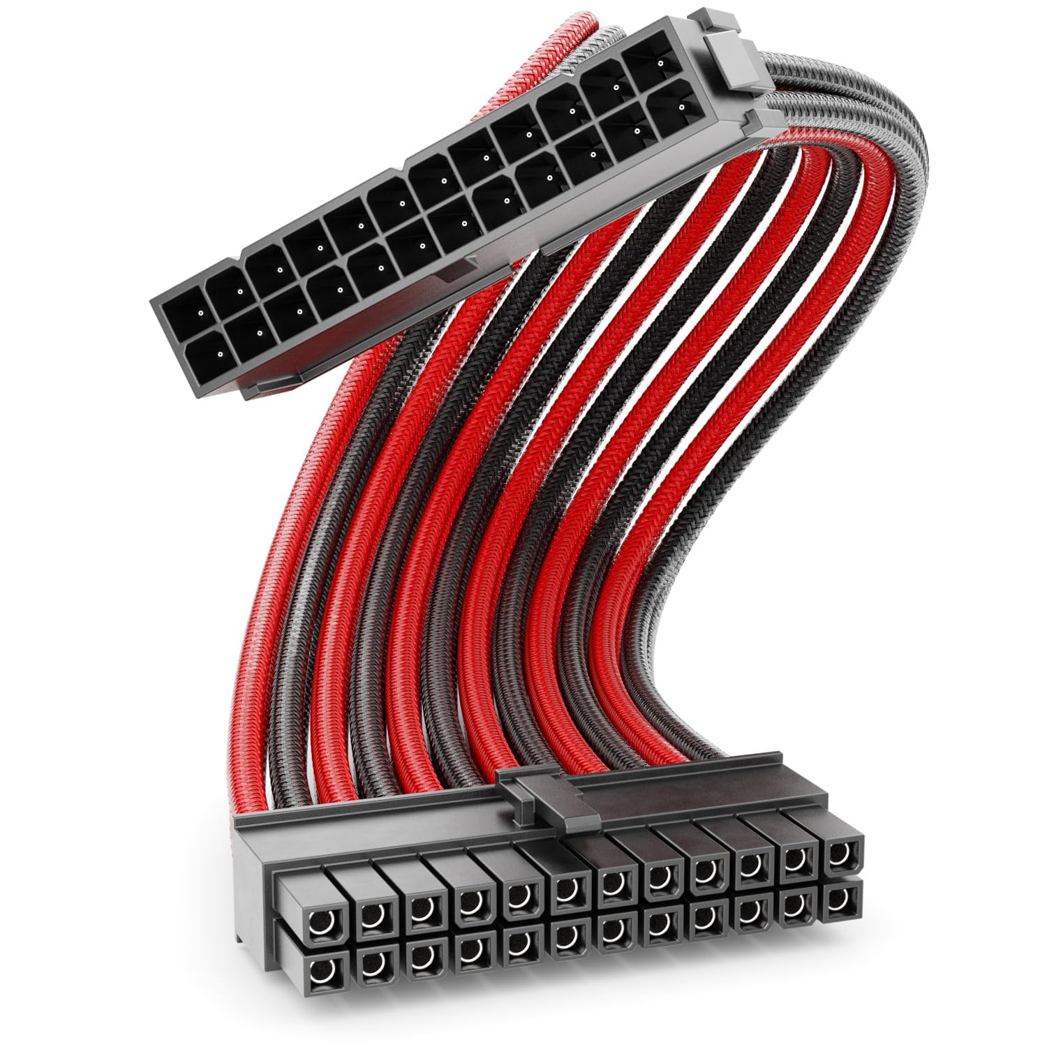 deleyCON 24-Pin ATX Netzteil Verlängerungskabel – 30 cm, 18 AWG, Nylon, Stecker auf Buchse, Schwarz/Rot