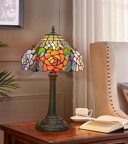 Miniatura 3 de Lámpara de mesa estilo Tiffany con vitrales rojos, naranjas, morados, rosas, rosas, para dormitorio, mesita de noche, luz de escritorio para sala de
