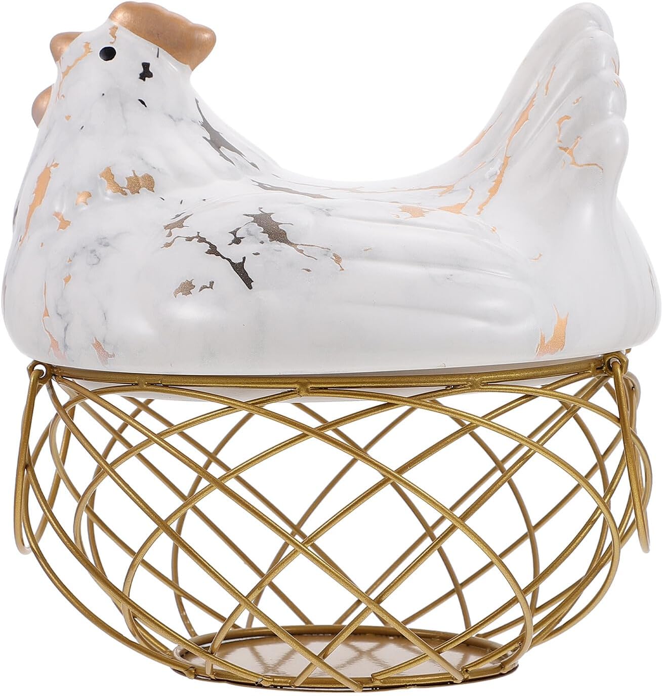 Cabilock Iron Wire Egg Basket with Lid, Decorative Farmhouse Style Fruit and Vegetable Storage Holder, White and Gold Grid Design Kitchen Organizer for Countertop and Pantry