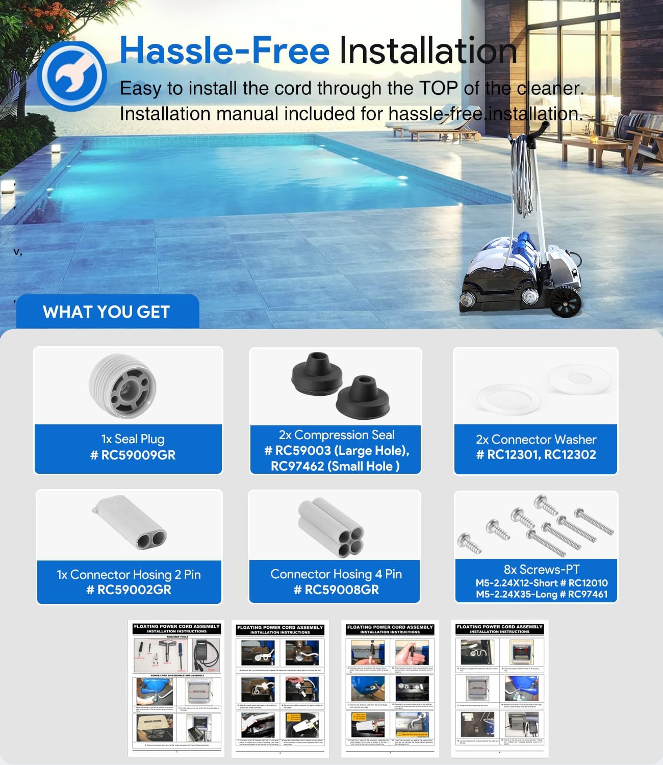 RCX50061 Floating Power Cord Assembly Replacement for Hayward Tigershark QC Robotic Cleaner RC9990 RC9990CUB, SharkVAC XL Pool Cleaner, 55 FT, 2 Pin