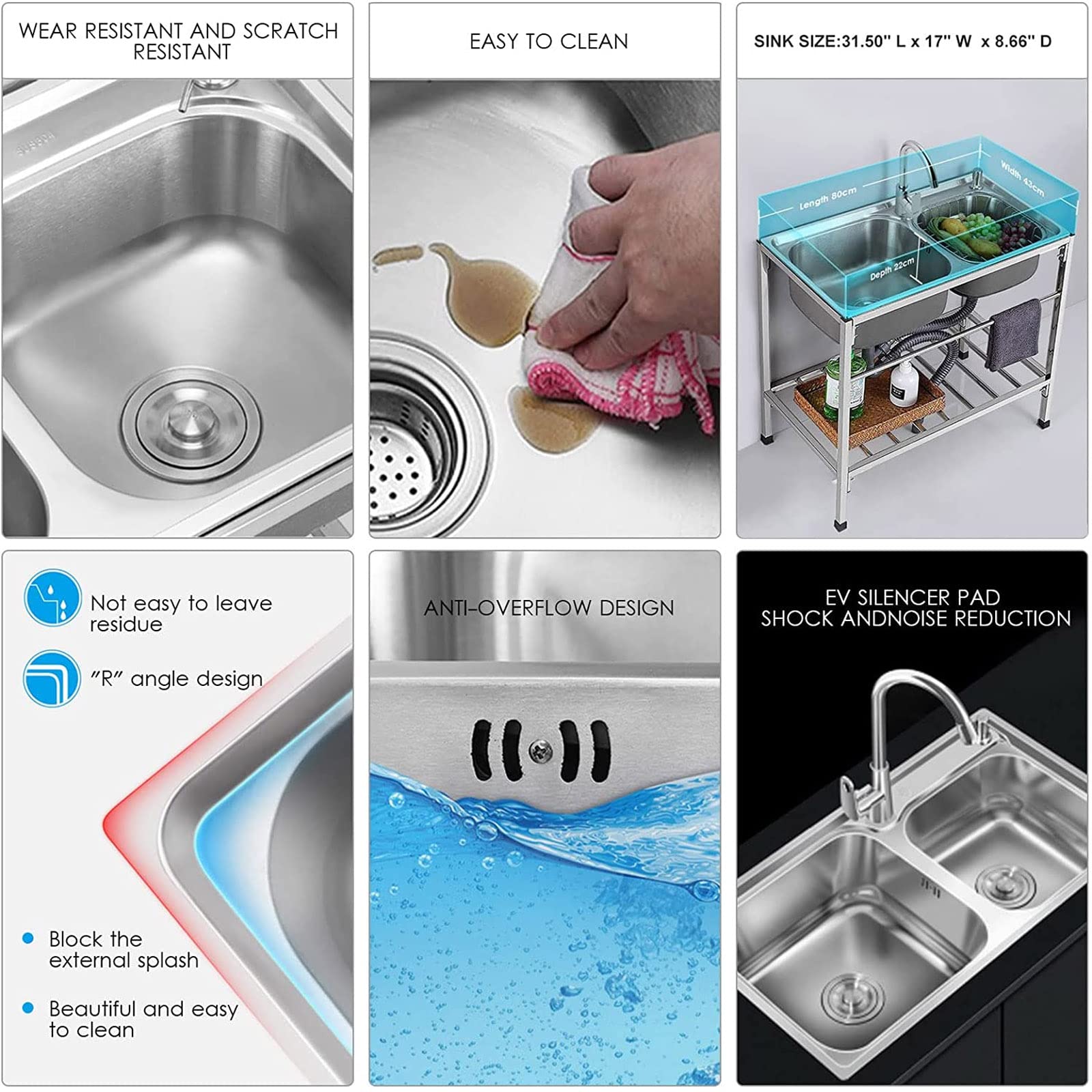Fregadero utilitario de 2 compartimentos de Acero inoxidable para Uso comercial en restaurantes, con grifo, encimera de cocina y estantes de almacenamiento, lavamanos de Doble cubeta.
