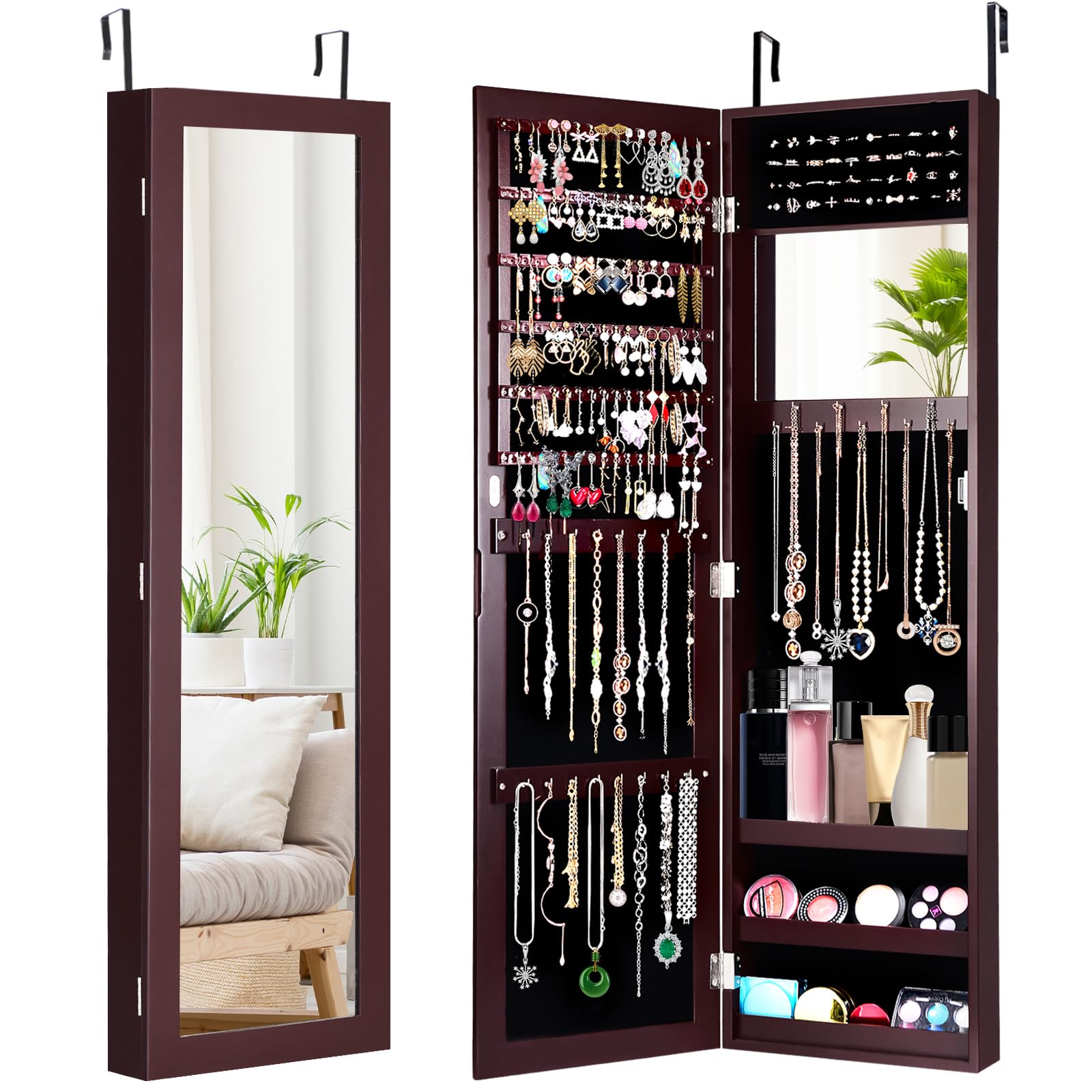 GOPLUS GOPLUS Espejo Joyero de Pared/Colgado, con Gran Espacio de Almacenaje, Espejo de Cuerpo Entero, Armario para Joyas con Gancho de Collar y Espejo de Longitud Completa, 31,5 x 9 x 110 cm (Marrón)