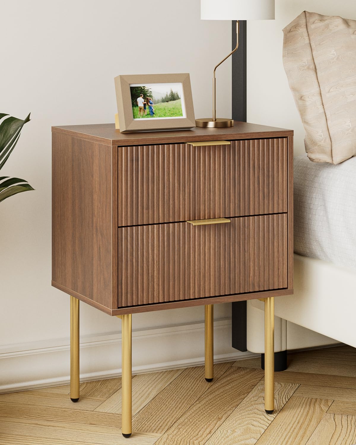HEYZOEY Bedside Table, Small Bedside Tables with 2 Drawers, Wooden Nightstand with Gold Legs, Mid-Century Modern Bed Side End Table for Bedroom, Living Room,Walnut