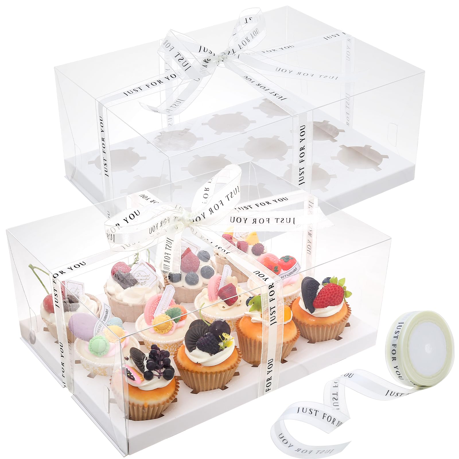 Photo 1 of CHENZEM 5 Pcs clear cupcake boxes with gift ribbon, 12 count cupcake container, plastic cupcake tray, suitable for desserts, cookies, muffins for Easter and Mother's Day.(White, 12 Counts/5 pcs)