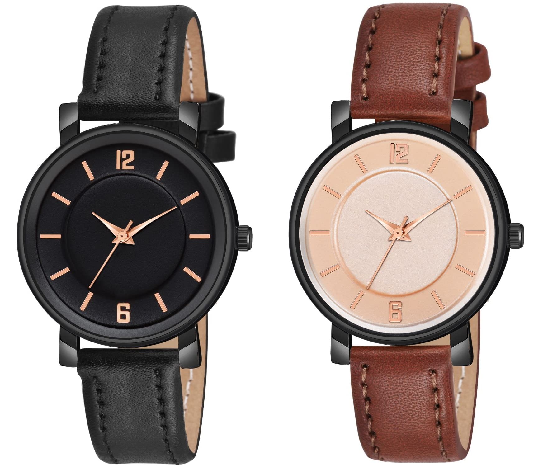 KIARVI GALLERY Analogue Round Dial Stylish Premium Leather Strap Watch for Girls and Women (Pack of -2, Black-Brown) (B0BZ8F22HX) Amazon Price History, Amazon Price Tracker