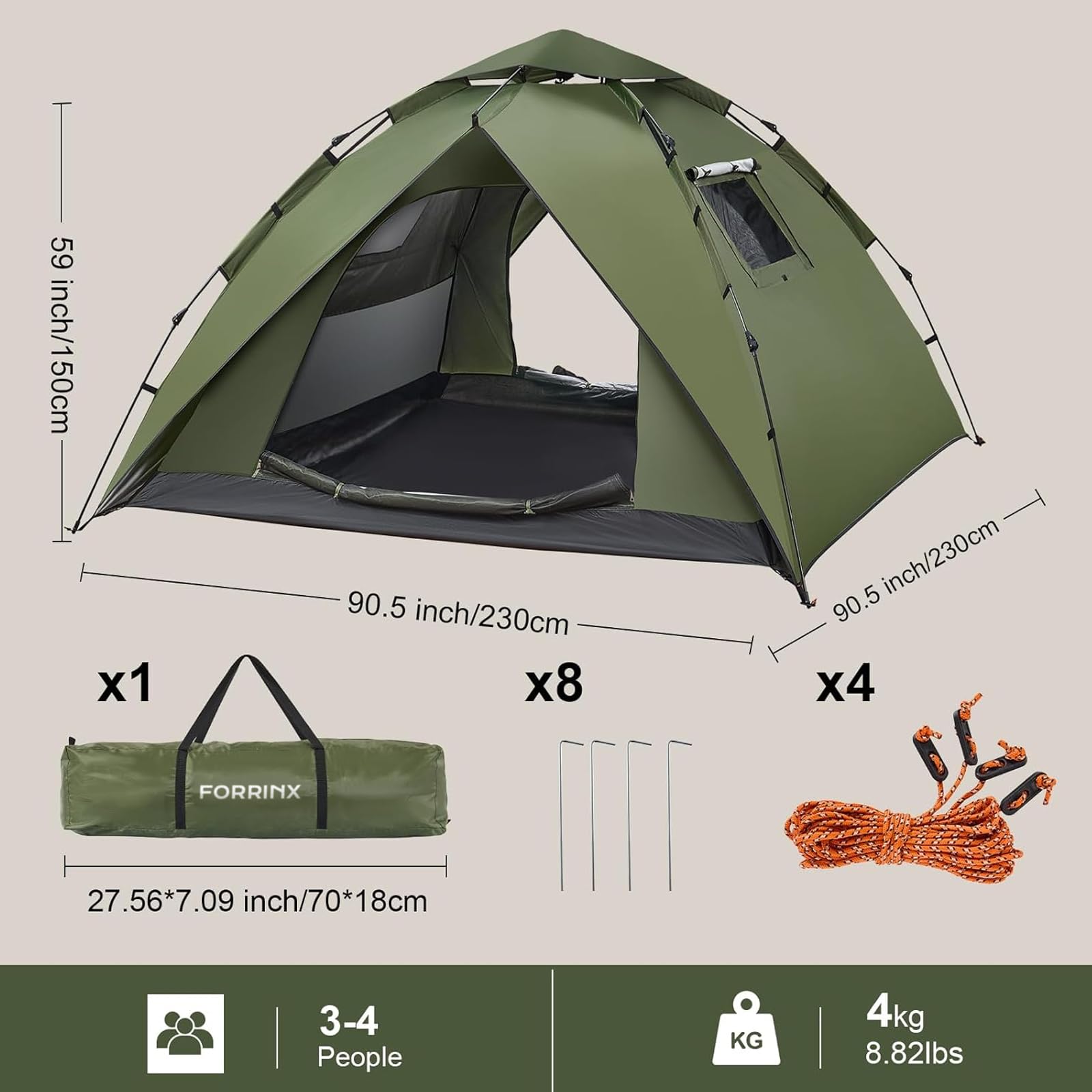Tenda da campeggio Automatica 4 Persone 230x230x150CM Famiglia Tenda a cupola Pop Up Tent impermeabile, Protezione UV, 4 Stagioni 2 in 1 doppio strato