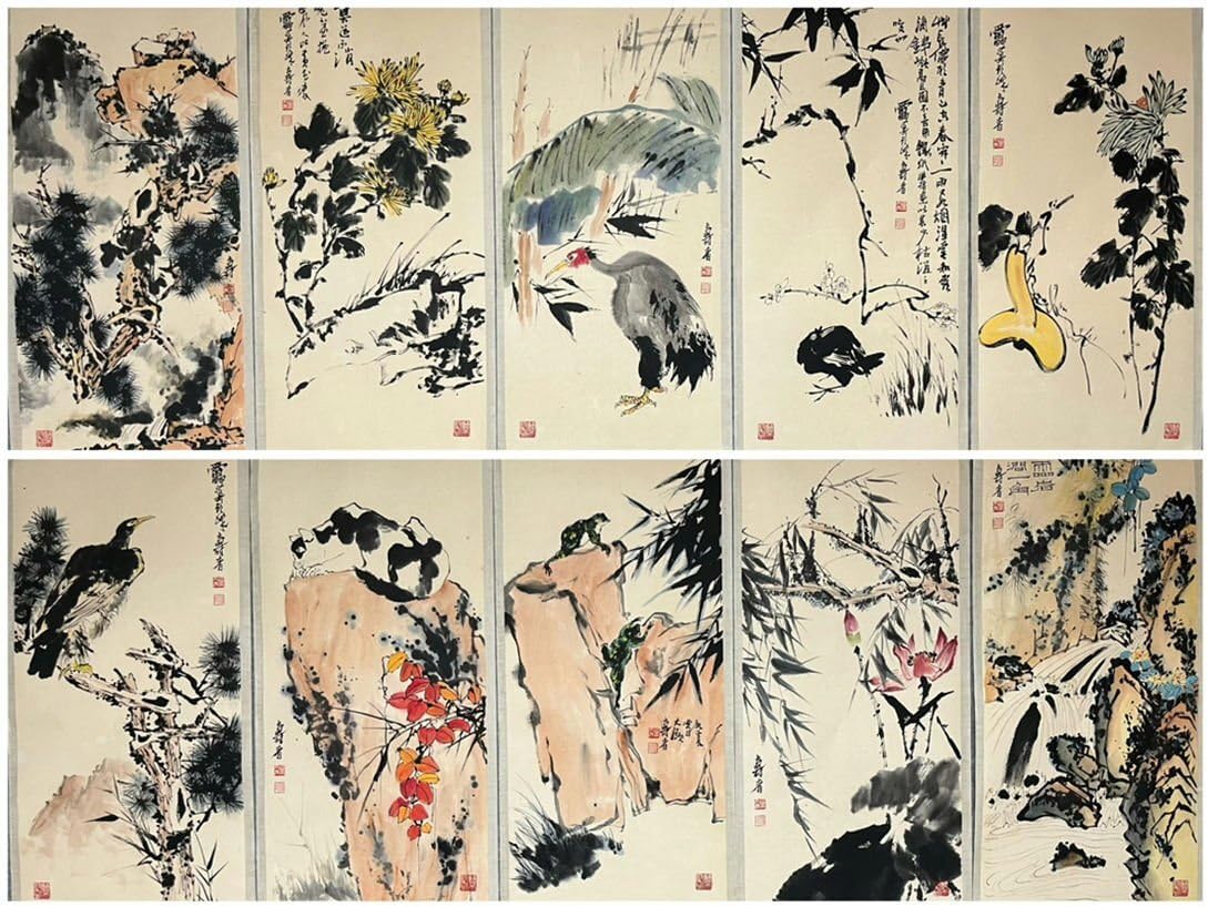 Amazon.co.jp: 渡鶴羽P739書道古美術 潘天寿 花卉禽鳥図十枚組共