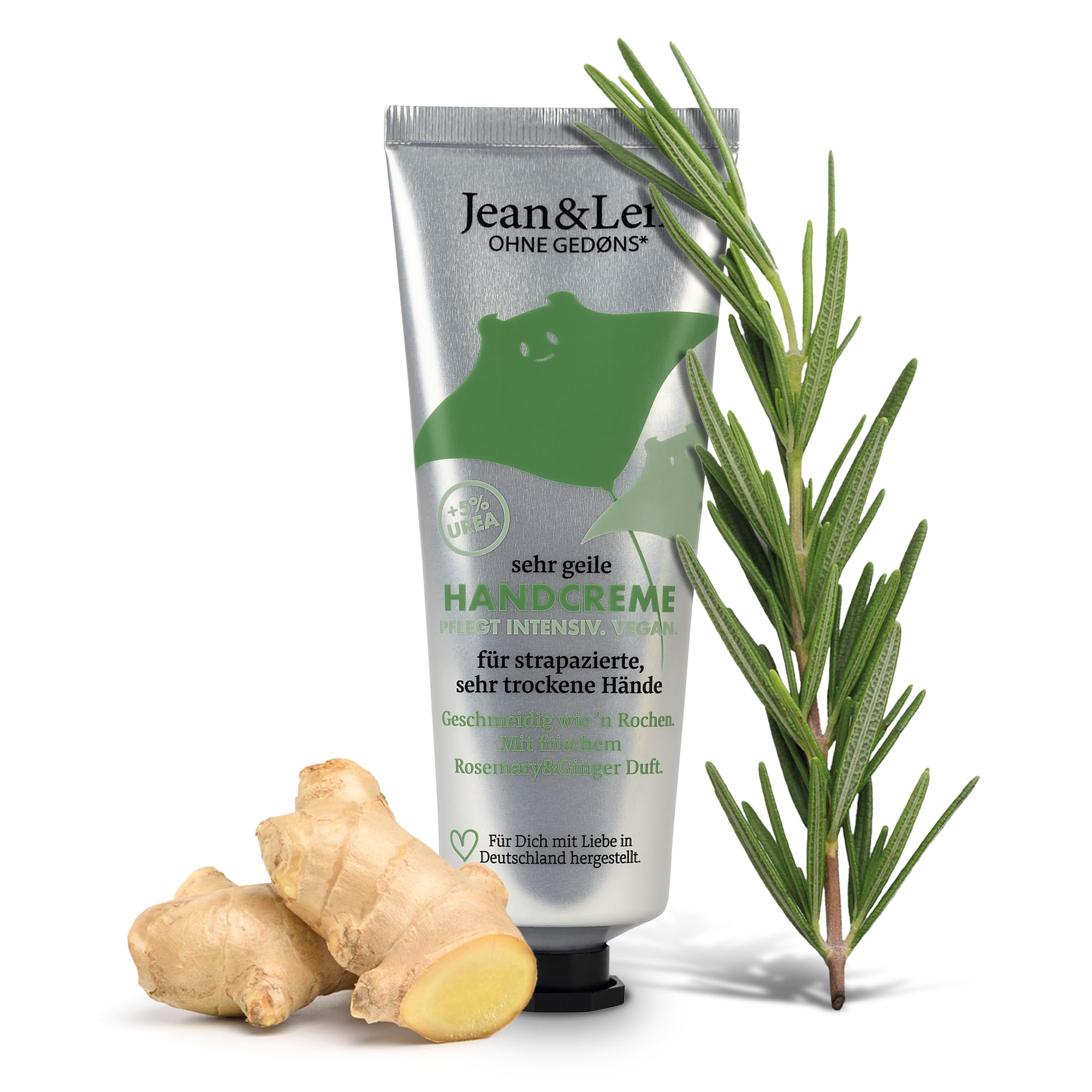 Jean & Len Sehr geile Handcreme Rosemary & Ginger, mit Urea, Handpflege für trockene und rissige Hände, spendet Feuchtigkeit und pflegt intensiv, ohne Parabene & Silikone, Handcreme Tube, vegan, 75 ml