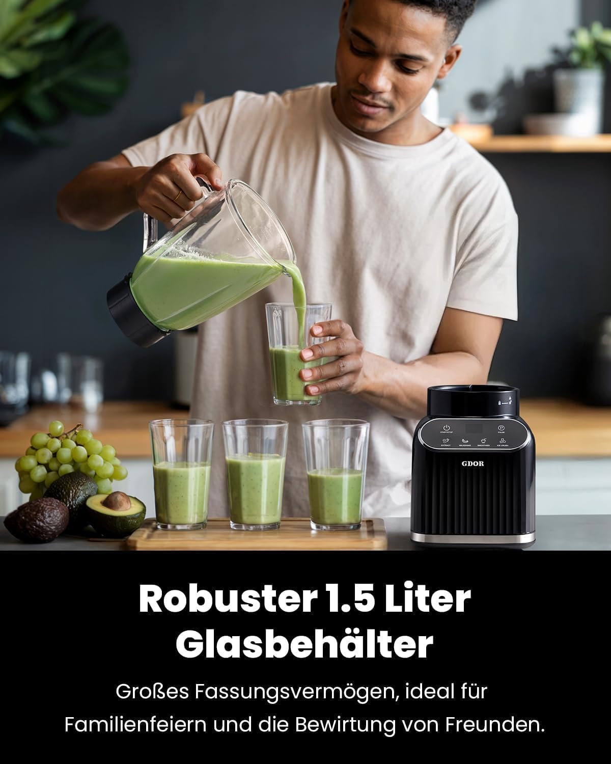 GDOR Professional Standmixer Glas 1200W Smoothie Maker 5 Programme Blender 1,5L Glasbehälter&700ml To-Go Becher Kombi Hochleistungsmixer für Smoothies Shake Eiscrushen Gefrorenes Obst Selbstreinigend