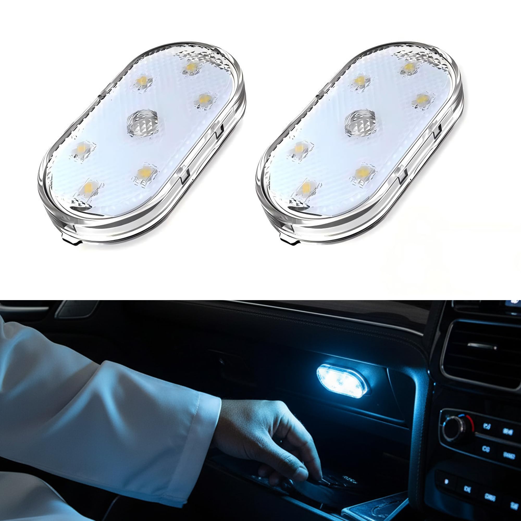 Car LED Lights, Interior Portable Small Incar LED Touch Lights with 6 Bright LED Lamp Beads, USB Rechargeable Lighting Light Car Emergency Light (Blue Light)
