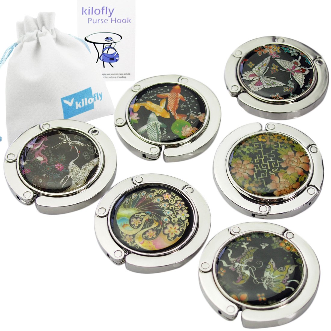 kilofly Foldable Purse Hook Handbag Hanger Holder - Set of 6, with Gift Pouch