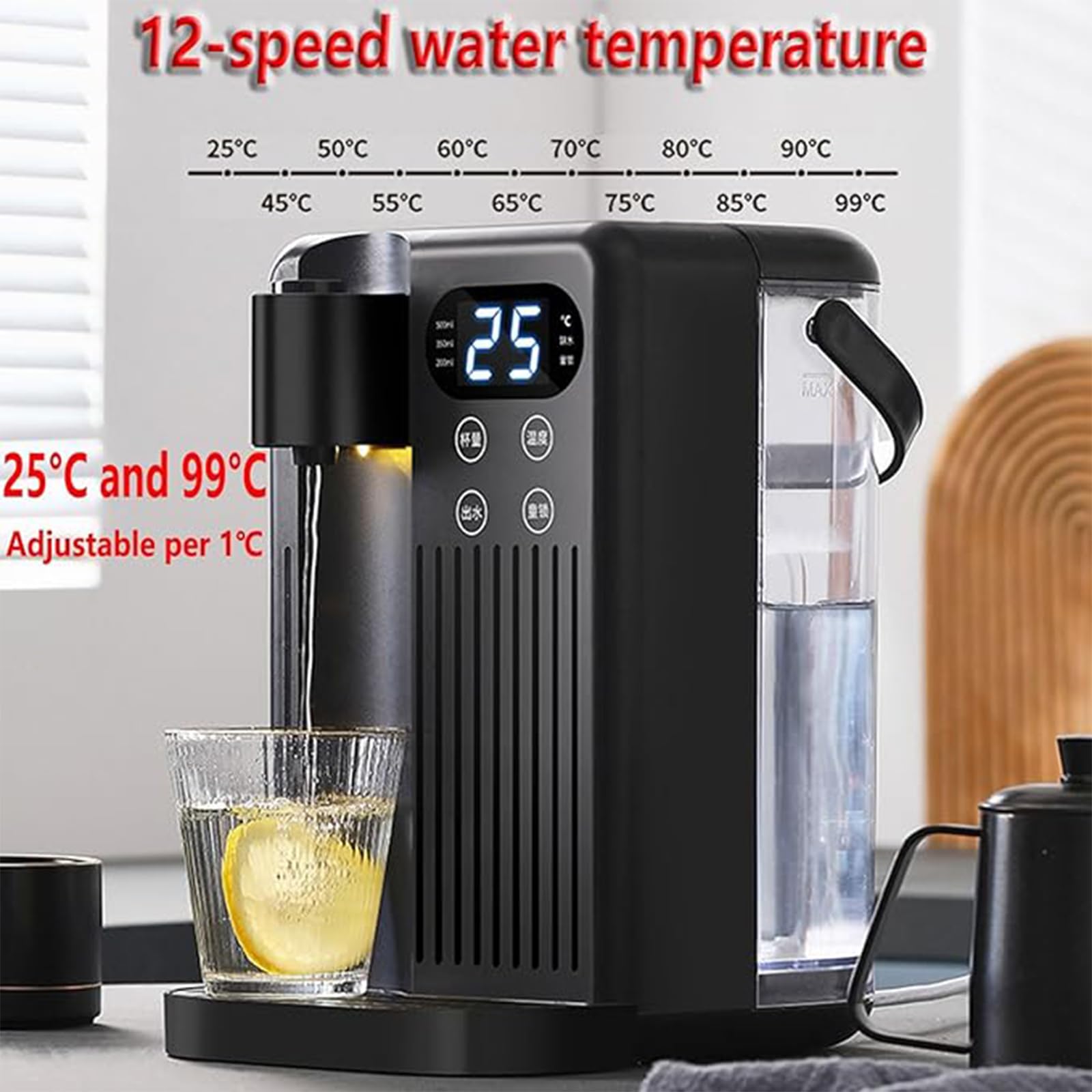 Dispensador instantáneo de agua caliente, pantalla táctil inteligente 3s Calor instantáneo, 12 niveles de temperatura del agua, 3L de gran capacidad para cocinas, dormitorios, vehículos recreativos, s