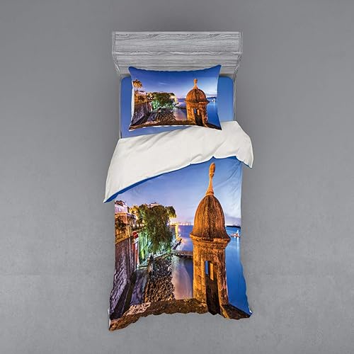 Lunarable Puerto Rico Bedding Set, Coast at Paseo de la Princesa Retro Style Architectural Elements Photography, 3 Piece Duvet Cover Set with Sham