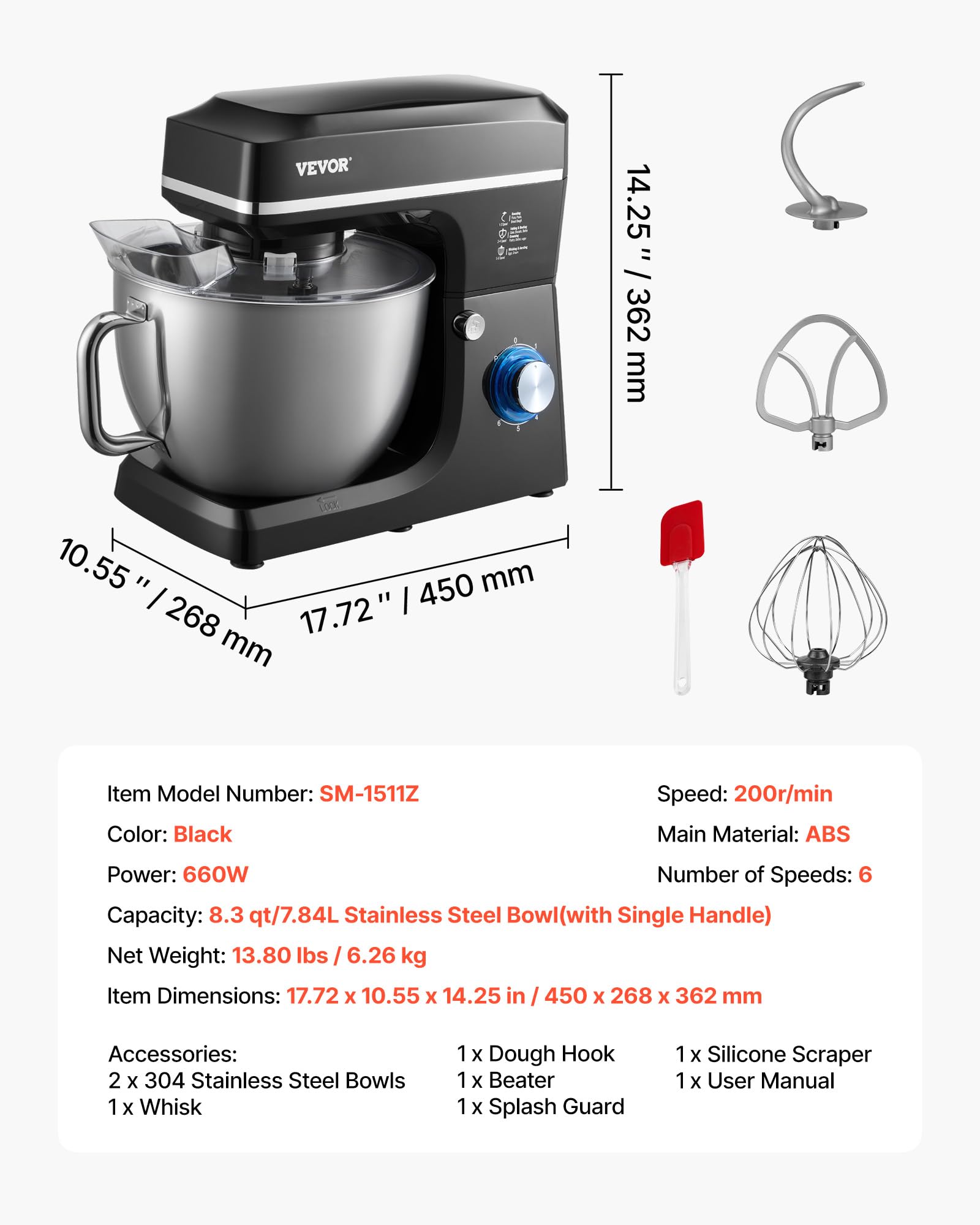 VEVOR Robot kuchenny, mikser do ciasta, 1400 W, 7,84 l, robot kuchenny z uchylną głowicą, miska ze stali nierdzewnej, hak do zagniatania, trzepaczka, skrobak, domowy robot kuchenny do pieczenia i