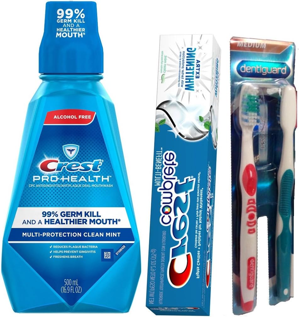 Crest Pro-Health Multi-Protection Oral Rinse, Refreshing Clean Mint + Crest Complete Extra Whitening with Tartar Protection Toothpaste + 2 Proplus Soft/Medium toothbrushes - Travel pack.
