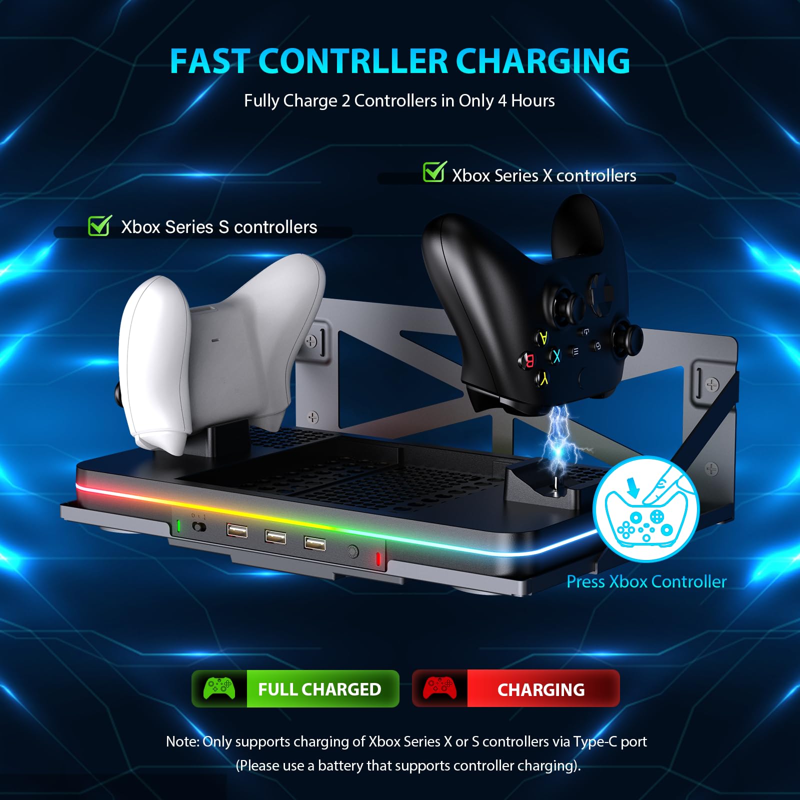 Soporte de pared con ventilador de refrigeración para Xbox Series X/S, estación de carga vertical de doble controlador con 2 baterías recargables de 1100 mAh para accesorios de consola Xbox, 3 puertos
